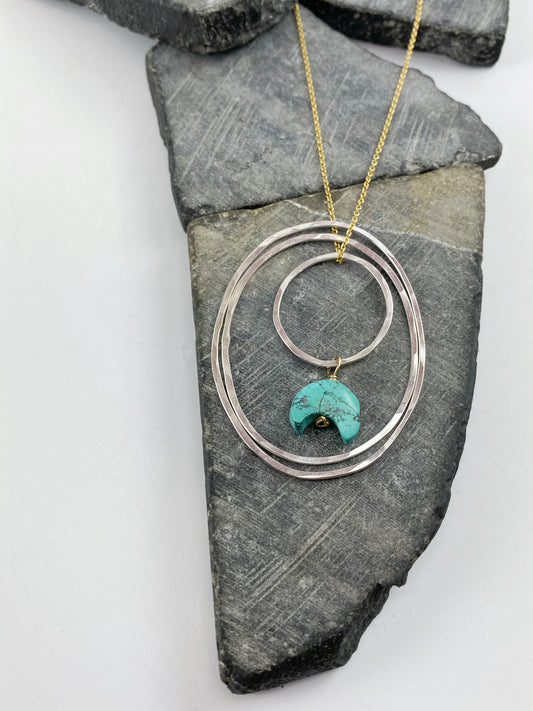 Silver Turquoise Hoop Necklace | Hammered Boho Necklace | Mixed Metal Ring Necklace | Turquoise Necklace | Moon Necklace | Turquoise Jewelry | Birthstone Necklace