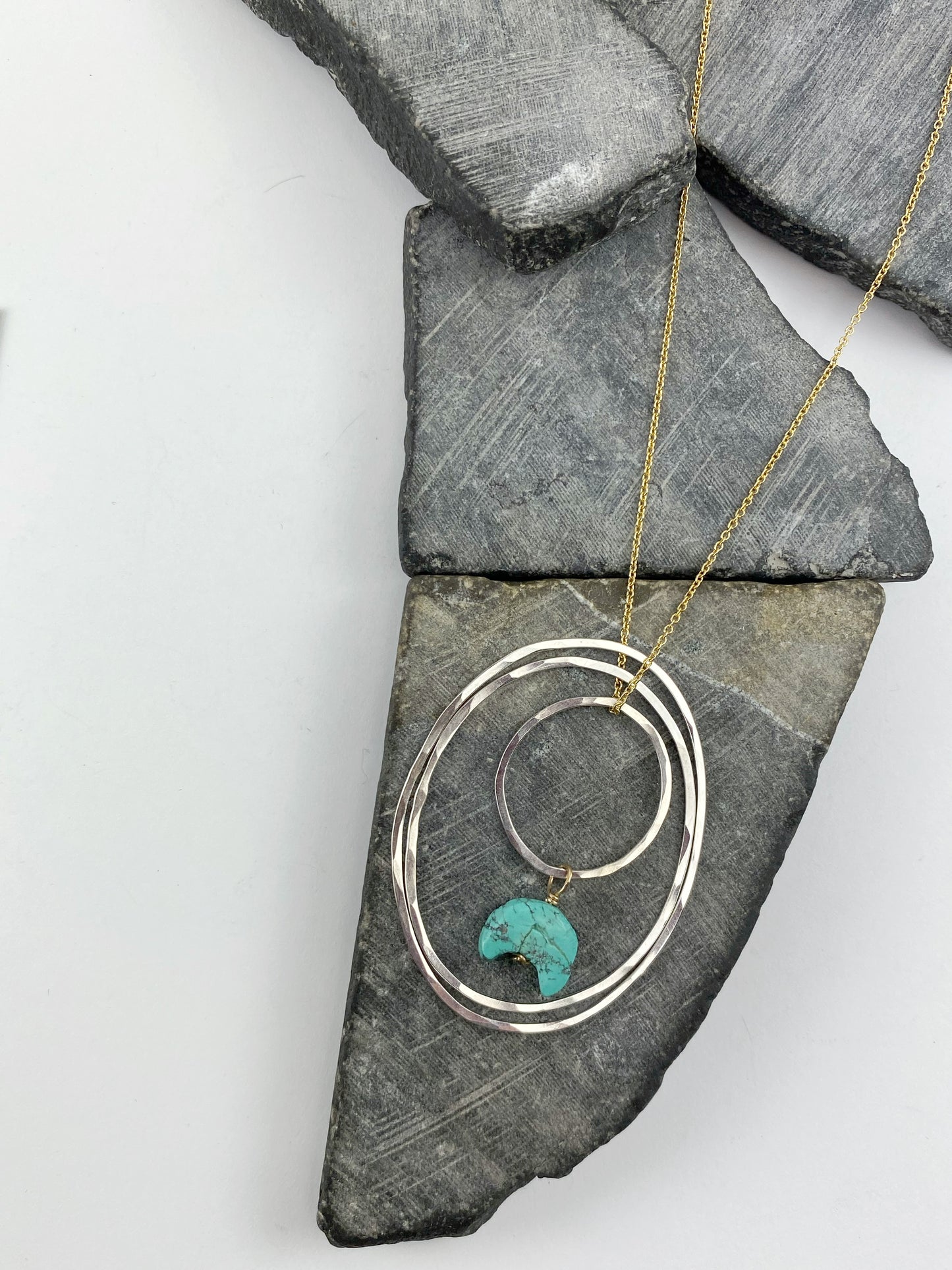 Silver Turquoise Hoop Necklace | Hammered Boho Necklace | Mixed Metal Ring Necklace | Turquoise Necklace | Moon Necklace | Turquoise Jewelry | Birthstone Necklace