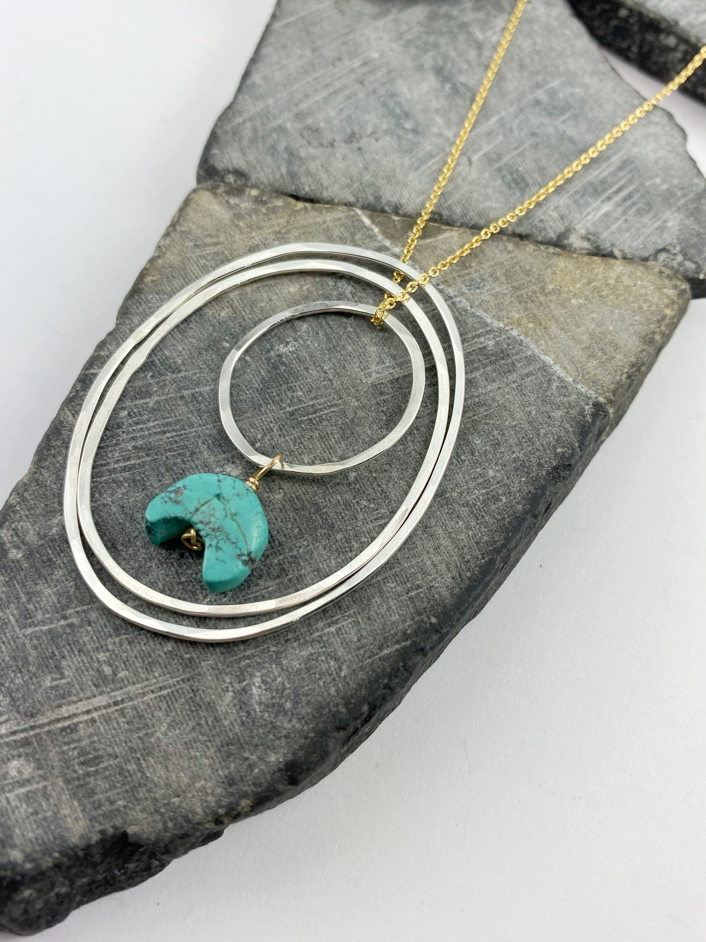 Silver Turquoise Hoop Necklace | Hammered Boho Necklace | Mixed Metal Ring Necklace | Turquoise Necklace | Moon Necklace | Turquoise Jewelry | Birthstone Necklace