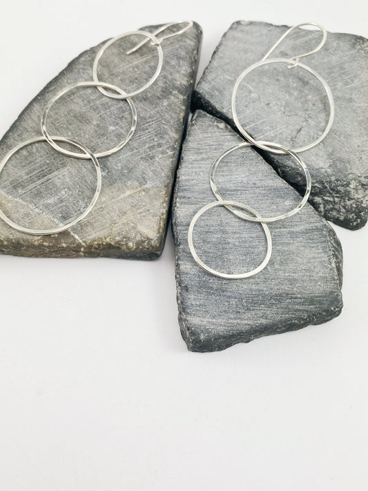 Silver Triple Hoop Asymmetric Earrings | Interlocking Circle Earrings | Linked Earrings | Mismatched Earrings | Statement Earrings | Lightweight Earrings | Silver Boho Hoops