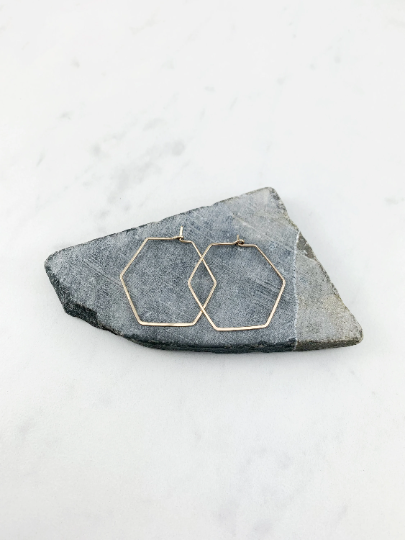 Gold Hammered Hexagon Earrings | Geometric Earrings | Gold Boho Hoops | Minimalist Earrings | Lightweight | Handmade | 14 K Gold Fill