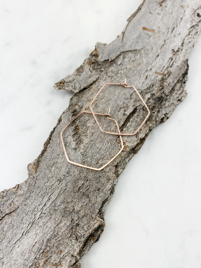 Rose Gold Hammered Hexagon Earrings | Geometric Earrings | Boho Hoops | Minimalist Earrings | Lightweight | Handmade | 14 K Rose Gold Fill