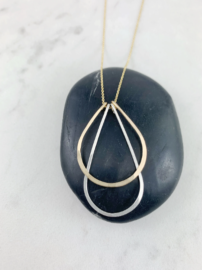 Mixed Metal Art Deco Necklace with Gold Chain | Teardrop Necklace | Layering Necklace | Hammered Pendant | Boho Necklace