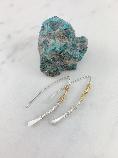 Silver Mixed Metal Pull Through Earrings | Boho Threader Earrings | Minimalist Earrings | Delicate Earrings | Dainty Open Hoops |  Arc Earrings