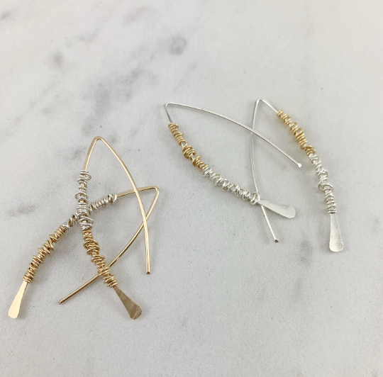 Silver Mixed Metal Pull Through Earrings | Boho Threader Earrings | Minimalist Earrings | Delicate Earrings | Dainty Open Hoops | Arc Earrings