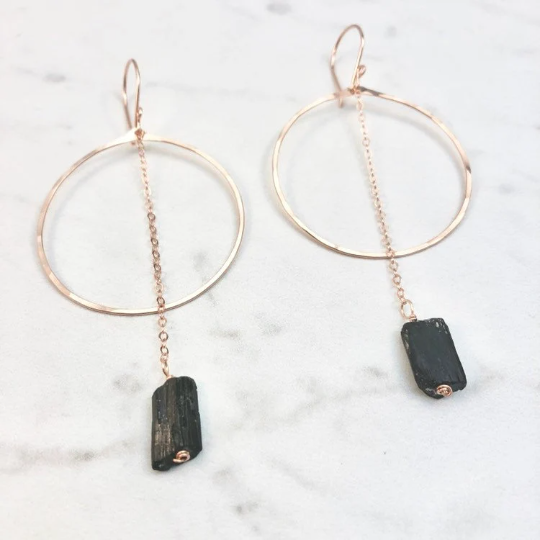 Rose Gold Shungite Hoop Earrings | Rose Gold Hoop Earrings | Hammered Hoop Earrings | Rose Gold Earrings | Geometric Earrings | Statement Earrings
