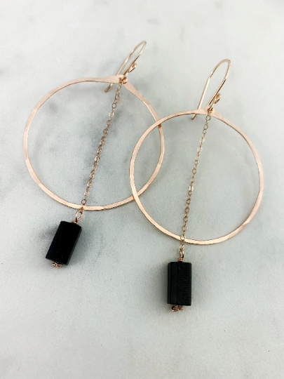 Rose Gold Shungite Hoop Earrings | Rose Gold Hoop Earrings | Hammered Hoop Earrings | Rose Gold Earrings | Geometric Earrings | Statement Earrings