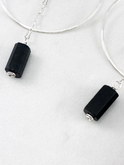Silver Shungite Hoop Earrings | Large Hoops | Black Stone Dangle Earrings | Boho Hoop Earrings | boho dangle earrings
