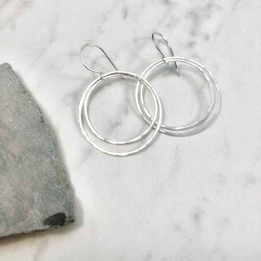 Medium Silver Round Double Hoop Earrings | Silver Hoop Earrings | Boho Hoops | Hammered Hoops | Handmade Silver Earrings | Open Hoops | Lightweight Earrings