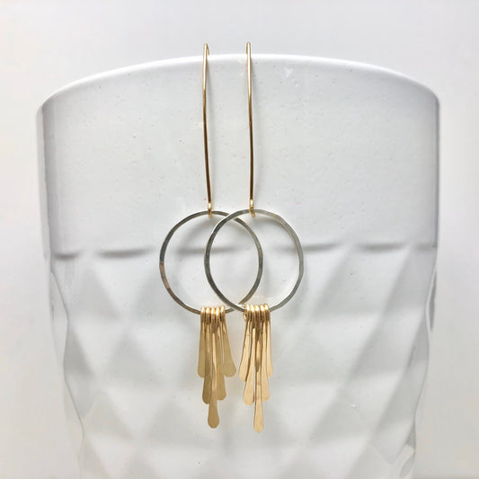 Silver Gold Fringe Hoop Earrings | Silver Boho Hoops | Fringe Earrings | Hammered Hoops | Mixed Metal Earrings | Statement Earrings
