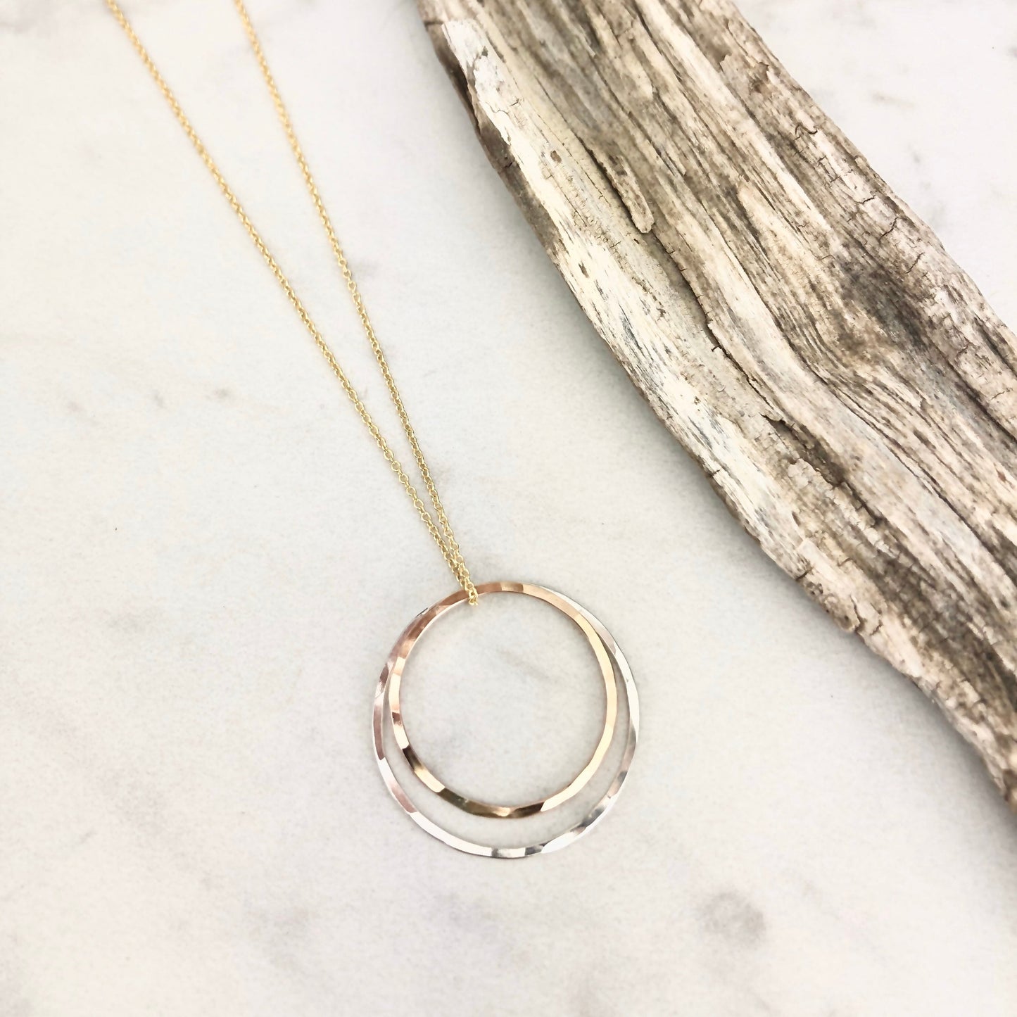 Gold and Silver Solar Eclipse Necklace | Karma Necklace | Mixed Metal Pendant | Hammered Hoop Necklace | Boho Necklace | Dainty Necklace