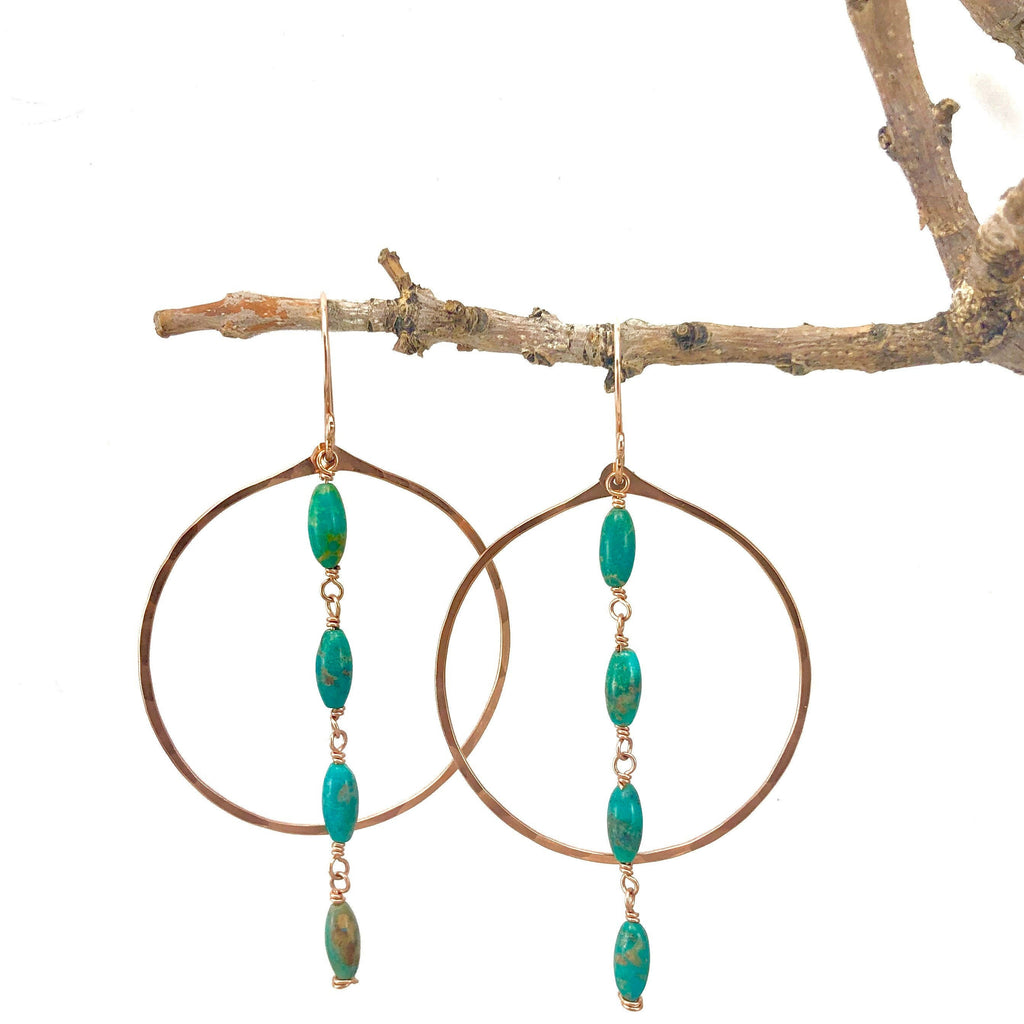 Turquoise and Rose Gold Hoop Earrings, big hoops, turquoise jewelry, rose gold hoops, turquoise drop earrings