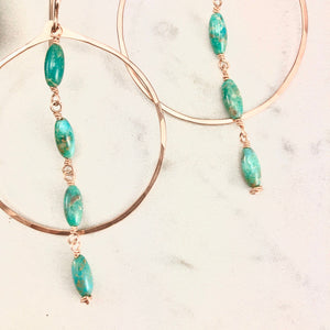 Turquoise and Rose Gold Hoop Earrings, big hoops, turquoise jewelry, rose gold hoops, turquoise drop earrings