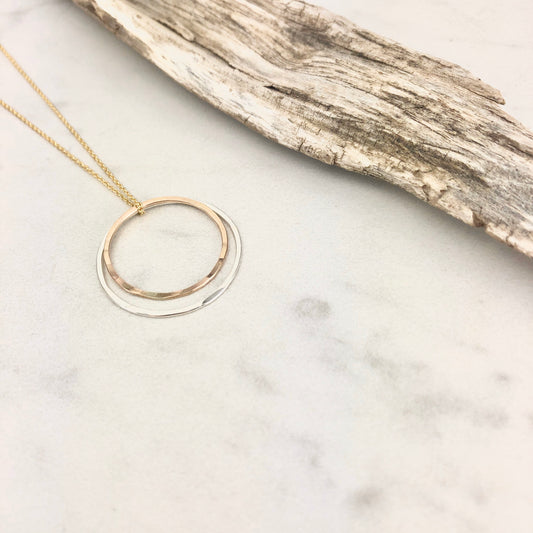 Gold and Silver Solar Eclipse Necklace | Karma Necklace | Mixed Metal Pendant | Hammered Hoop Necklace | Boho Necklace | Dainty Necklace