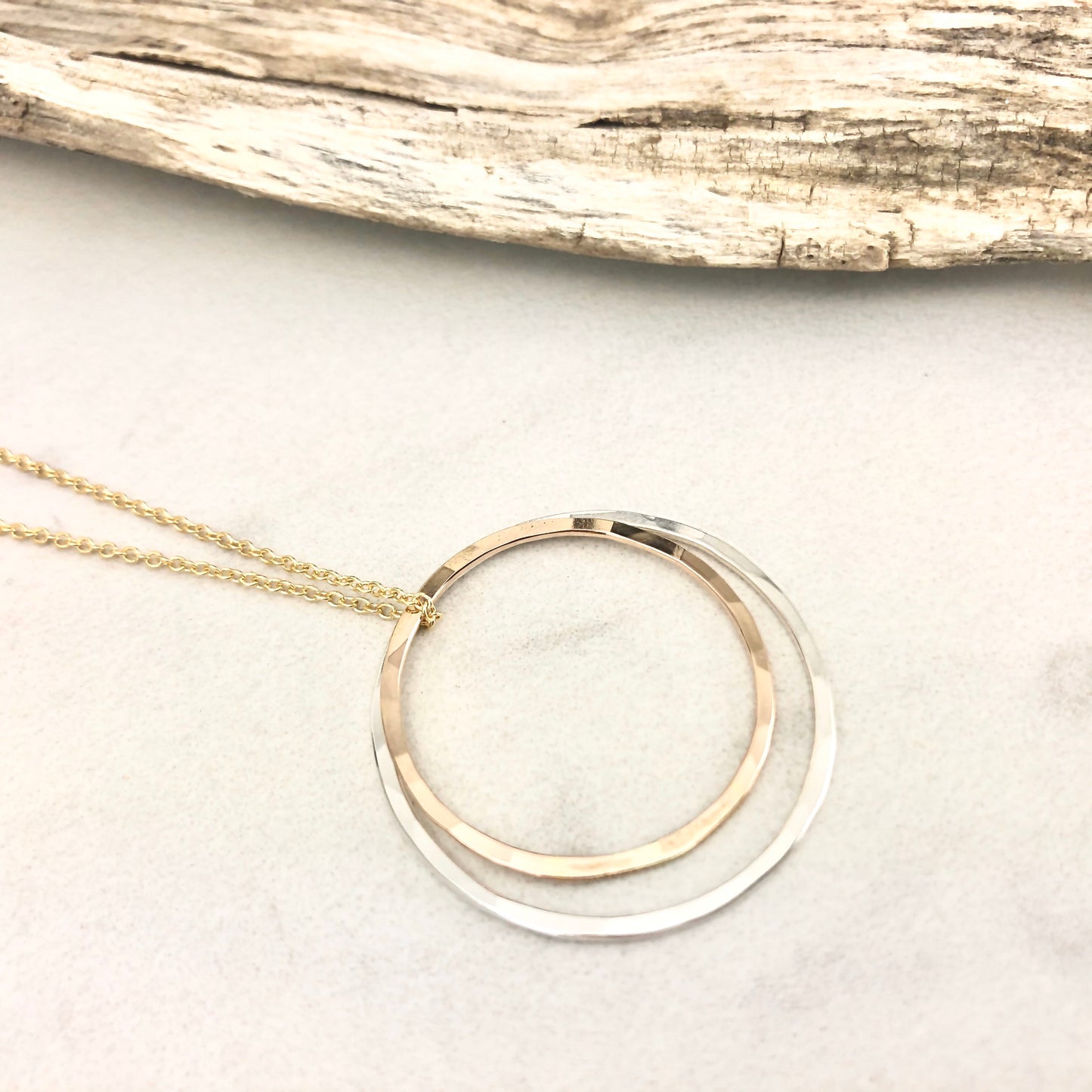 Gold and Silver Solar Eclipse Necklace | Karma Necklace | Mixed Metal Pendant | Hammered Hoop Necklace | Boho Necklace | Dainty Necklace