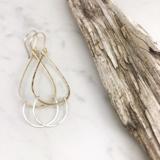 Hammered Gold and Silver Teardrop Earrings | Open Teardrop Earrings | Silver and Gold Teardrop Earrings | Geometric Earrings | Everyday Earrings