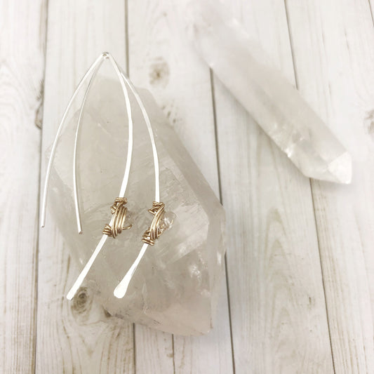 Hammered Silver and Gold Threader Earrings with Herkimer Diamonds | Arc Earrings | Open Hoops | Delicate Earrings | Dainty Open Hoops | Pull Through Earrings | Birthstone Earrings | April Birthstone