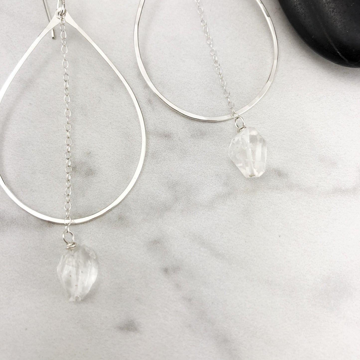 Quartz Silver Teardrop Earrings | Teardrop Earrings | Tibetan Quartz Crystal | Silver Boho Hoops | Geometric Earrings | Statement Earrings | Open Teardrop Hoops