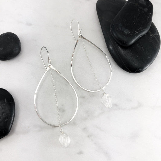 Quartz Silver Teardrop Earrings | Teardrop Earrings | Tibetan Quartz Crystal | Silver Boho Hoops | Geometric Earrings | Statement Earrings | Open Teardrop Hoops