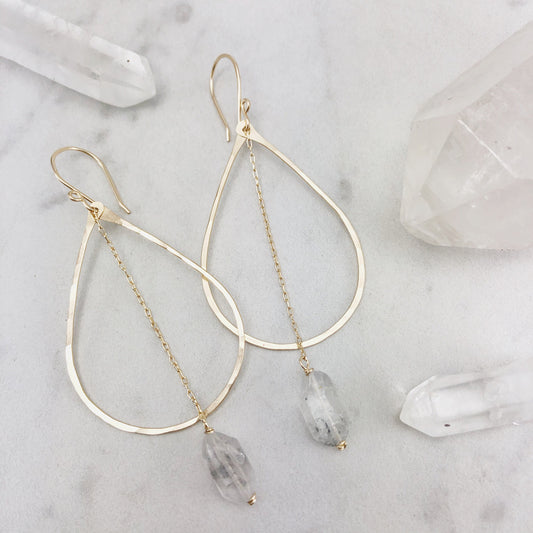 Gold Teardrop Tibetan Quartz Earrings, crystal earrings, boho earrings, bridal earrings, teardrop earrings, gold hoops