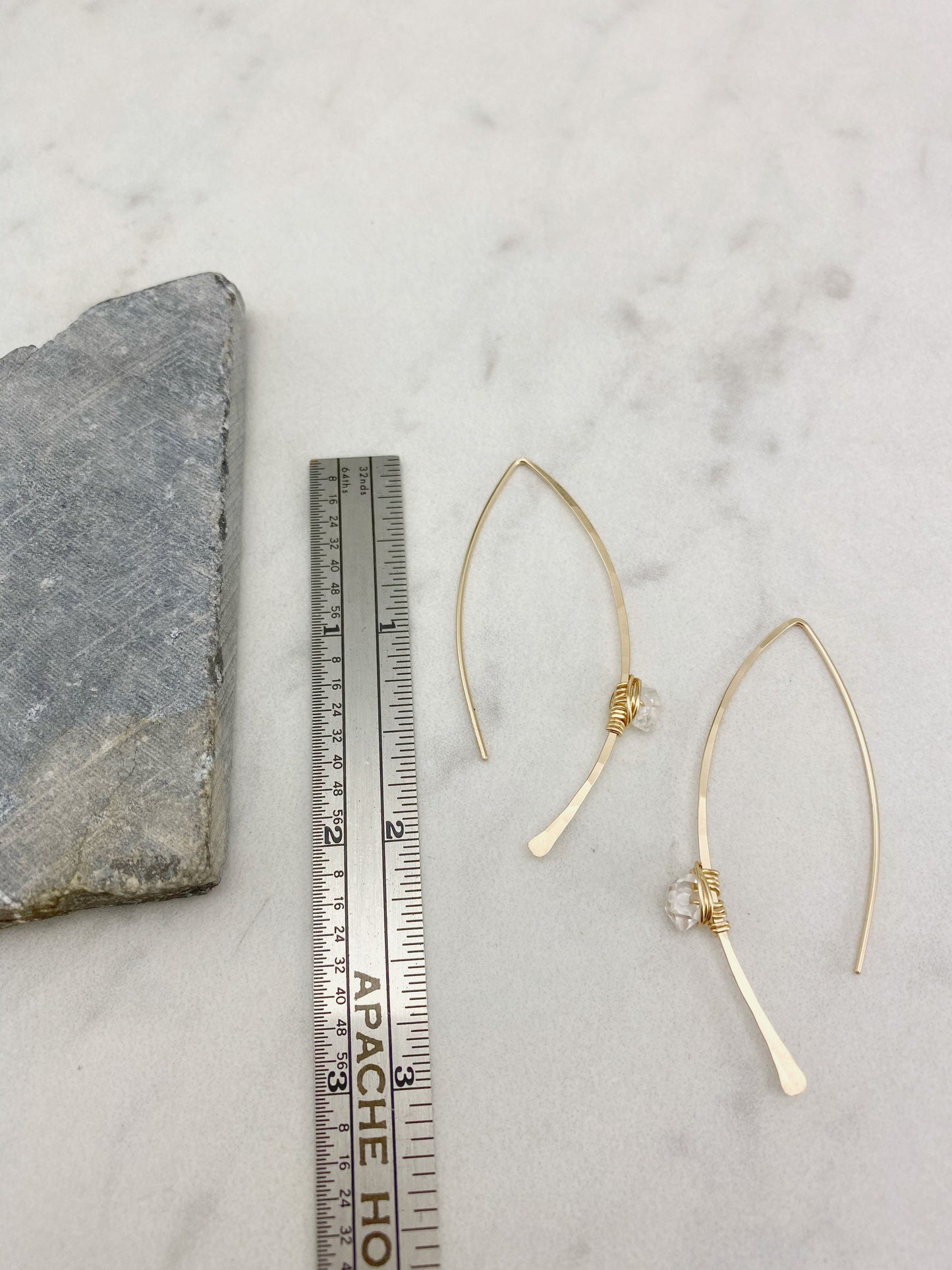 Hammered Gold Threader Earrings with Herkimer Diamonds, minimalist earrings, delicate earrings, gold earrings, open hoops