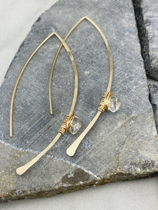Hammered Gold Threader Earrings with Herkimer Diamonds, minimalist earrings, delicate earrings, gold earrings, open hoops
