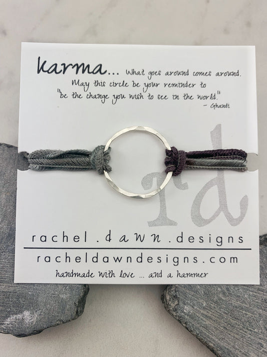 Sterling Silver Karma Bracelet, gray silk, friendship bracelet, eternity ring, silver circle bracelet, dainty bracelet, hoop bracelet