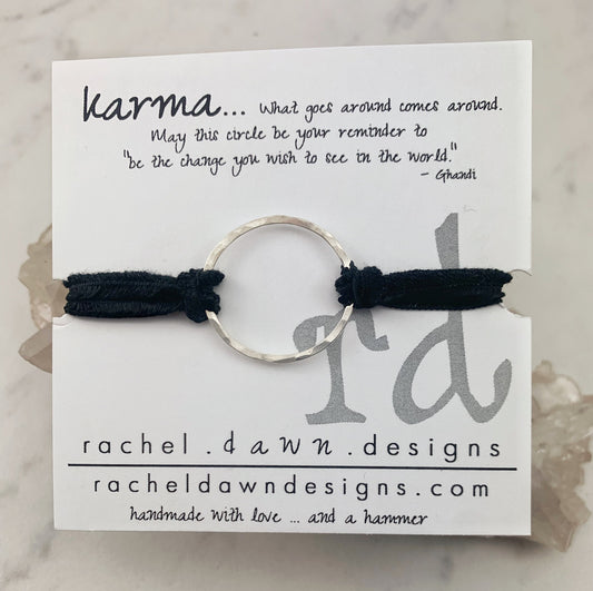 Sterling Silver Karma Bracelet, black silk, friendship bracelet, eternity ring, silver circle bracelet, dainty bracelet, hoop bracelet