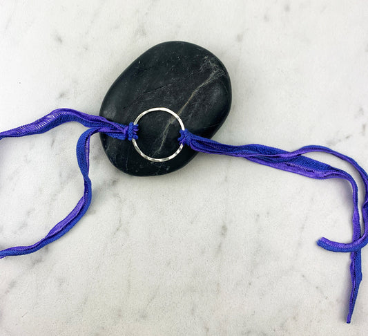 Sterling Silver Karma Bracelet, purple silk, friendship bracelet, eternity ring, silver circle bracelet, dainty bracelet, hoop bracelet