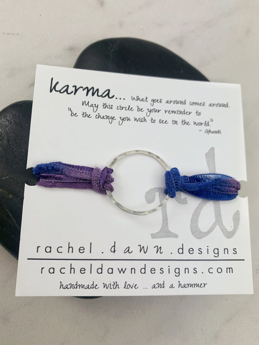 Sterling Silver Karma Bracelet, purple/blue silk, friendship bracelet, eternity ring, silver circle bracelet, dainty bracelet, hoop bracelet