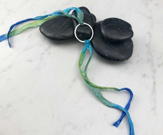 Sterling Silver Karma Bracelet, blue/green silk, friendship bracelet, eternity ring, silver circle bracelet, dainty bracelet, hoop bracelet