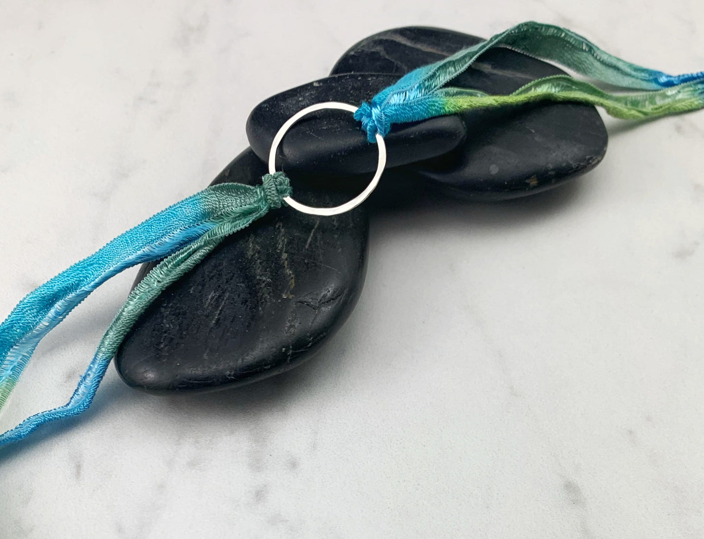Sterling Silver Karma Bracelet, blue/green silk, friendship bracelet, eternity ring, silver circle bracelet, dainty bracelet, hoop bracelet