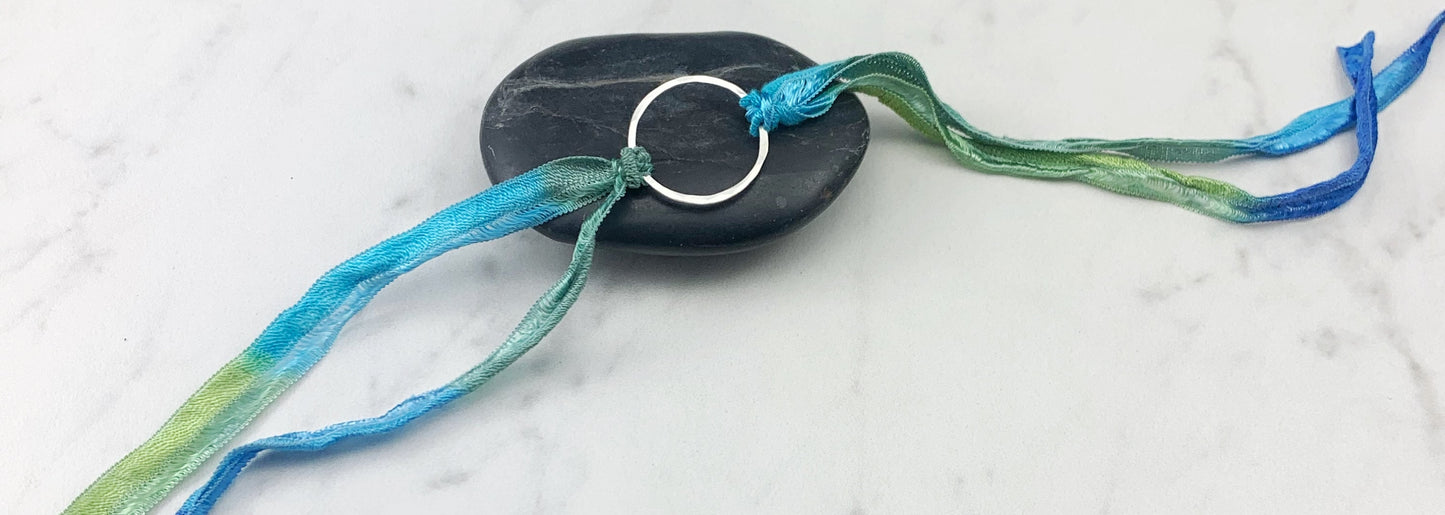 Sterling Silver Karma Bracelet, blue/green silk, friendship bracelet, eternity ring, silver circle bracelet, dainty bracelet, hoop bracelet