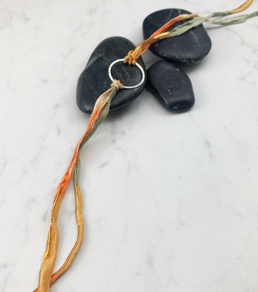 Sterling Silver Karma Bracelet, orange/gray silk, friendship bracelet, eternity ring, silver circle bracelet, dainty bracelet, hoop bracelet
