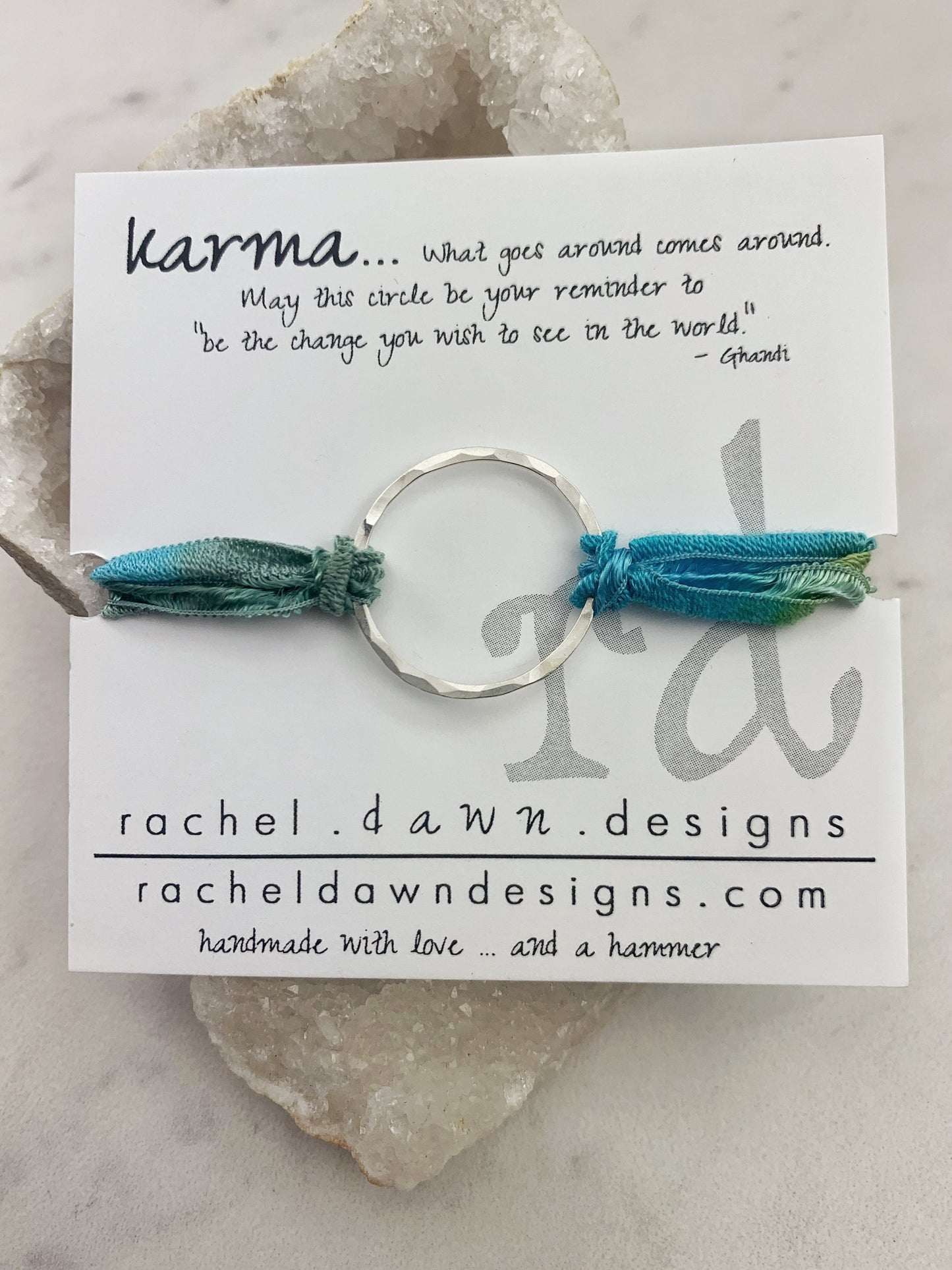 Sterling Silver Karma Bracelet, blue/green silk, friendship bracelet, eternity ring, silver circle bracelet, dainty bracelet, hoop bracelet