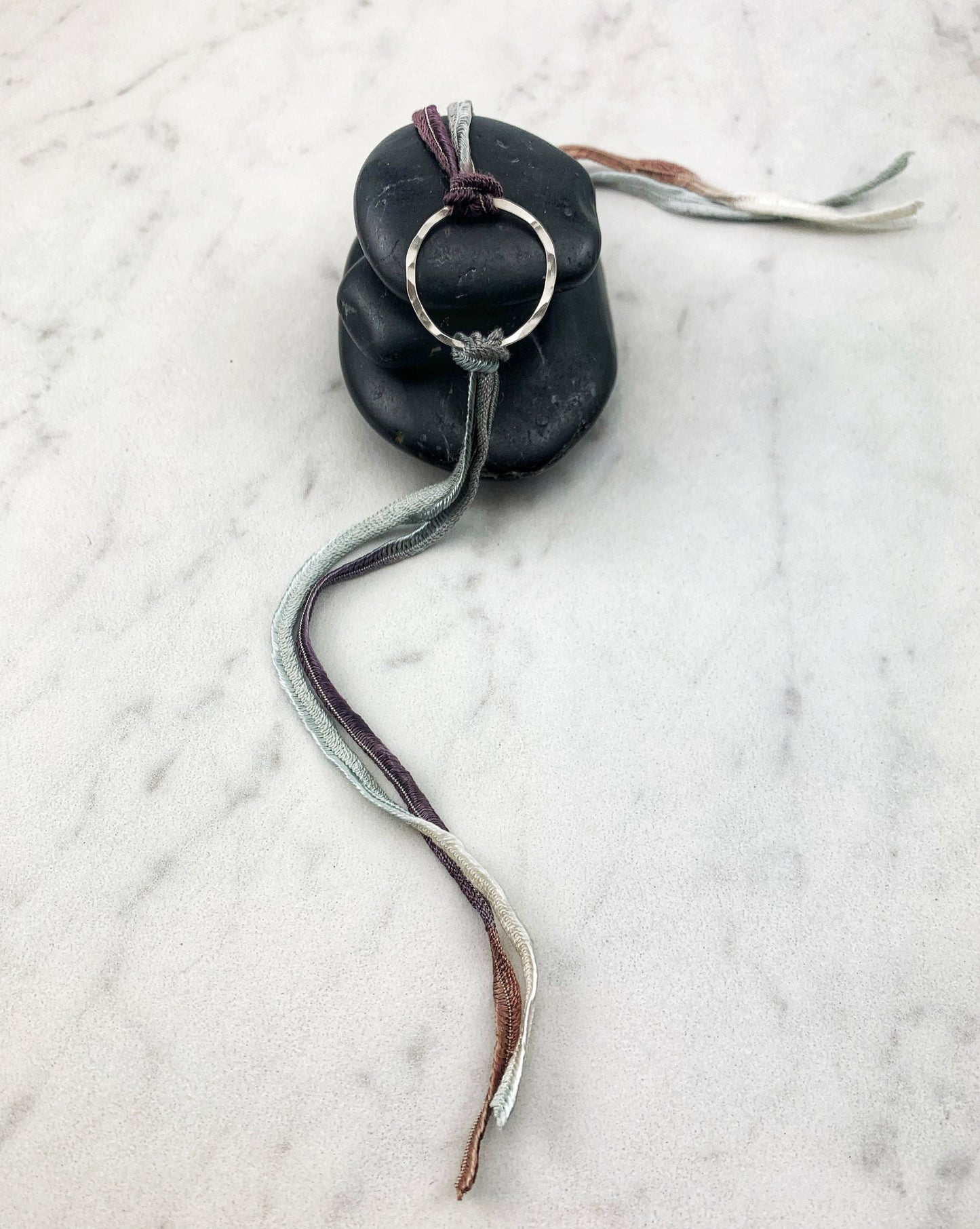 Sterling Silver Karma Bracelet, gray silk, friendship bracelet, eternity ring, silver circle bracelet, dainty bracelet, hoop bracelet