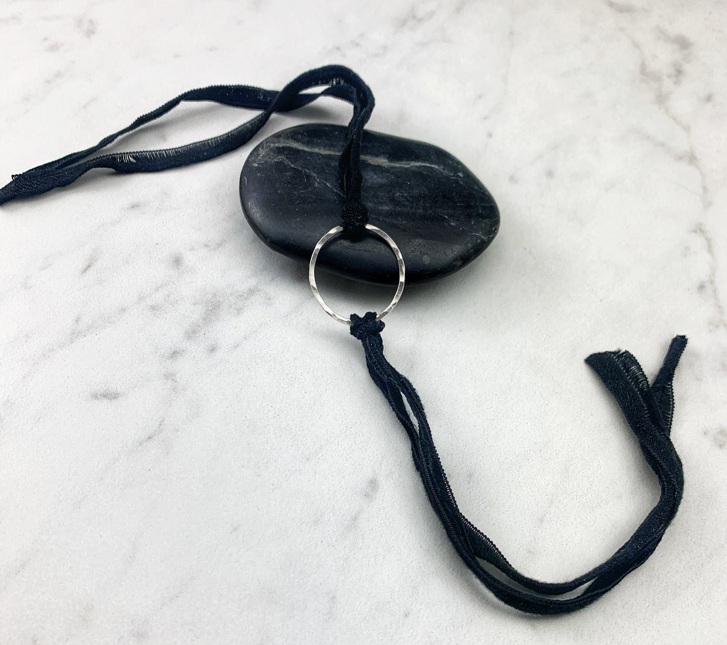 Sterling Silver Karma Bracelet, black silk, friendship bracelet, eternity ring, silver circle bracelet, dainty bracelet, hoop bracelet