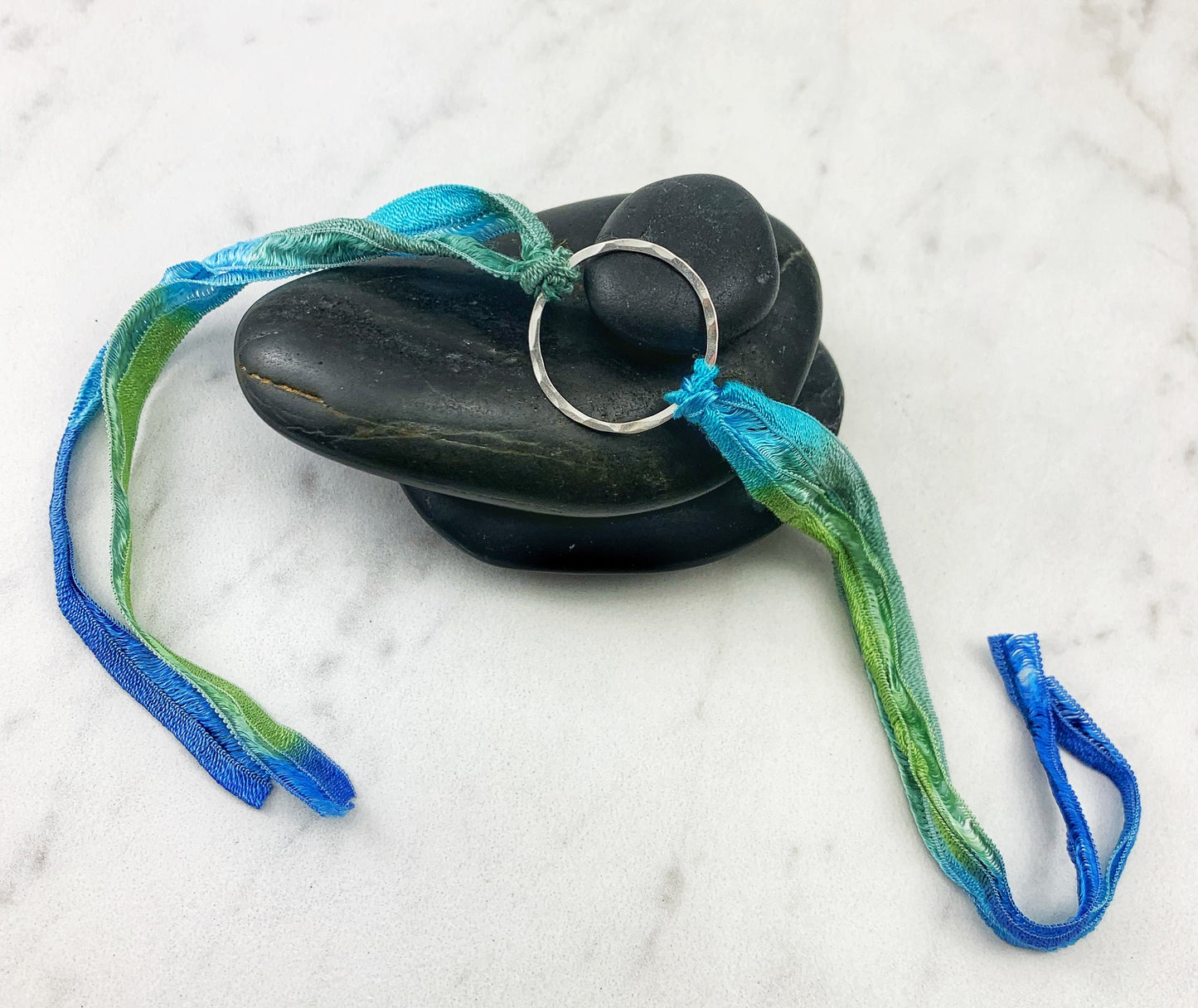 Sterling Silver Karma Bracelet, blue/green silk, friendship bracelet, eternity ring, silver circle bracelet, dainty bracelet, hoop bracelet