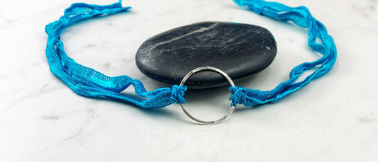 Sterling Silver Karma Bracelet, turquoise silk, friendship bracelet, eternity ring, silver circle bracelet, dainty bracelet, hoop bracelet