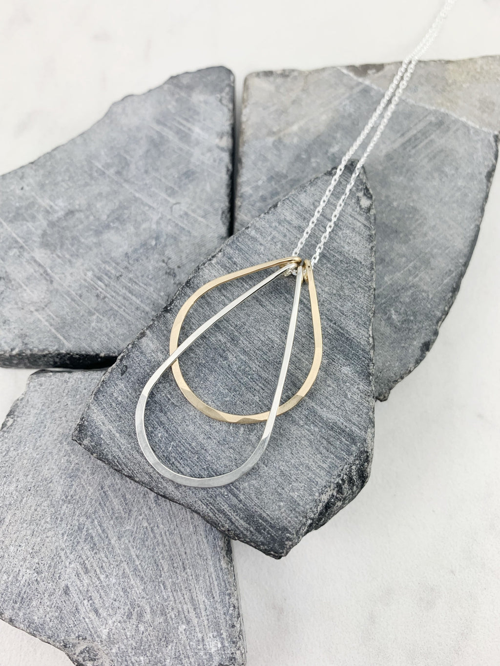 Yellow Gold and Sterling Silver Arches Necklace, Art Deco Necklace, Mixed Metal Necklace, Gold and Silver Necklace, Teardrop Necklace