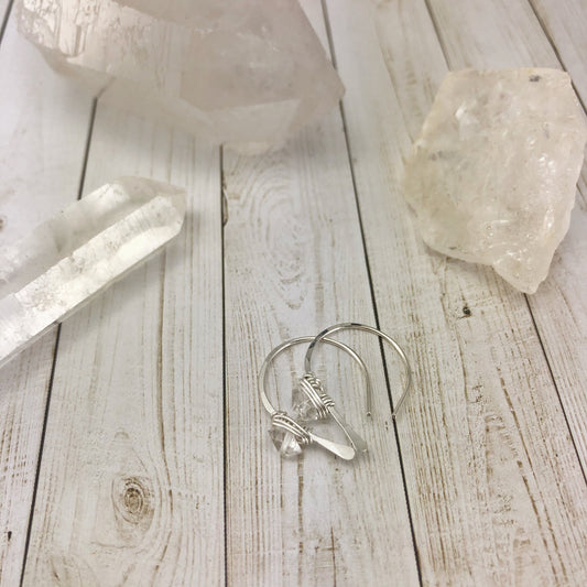 Silver Herkimer Diamond Open Hoops| Arch Earrings | Hammered Threaders | Silver Boho Hoops | Delicate Earrings | Birthstone Earrings | April Birthstone