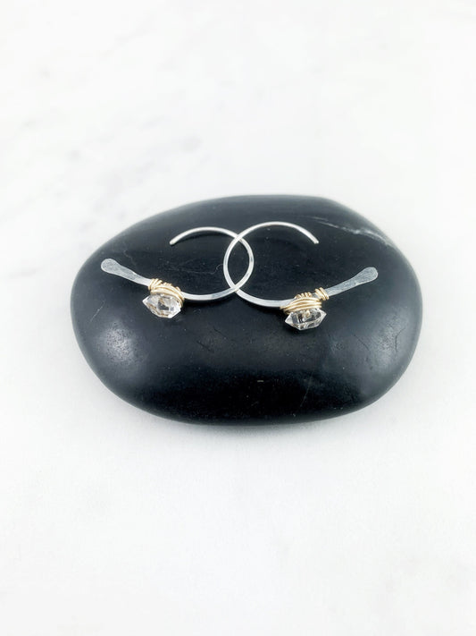 Silver Herkimer Diamond Open Hoops with Gold | Arch Earrings | Mixed Metal Threaders | Silver Boho Hoops | Delicate Earrings | Birthstone Earrings | April Birthstone