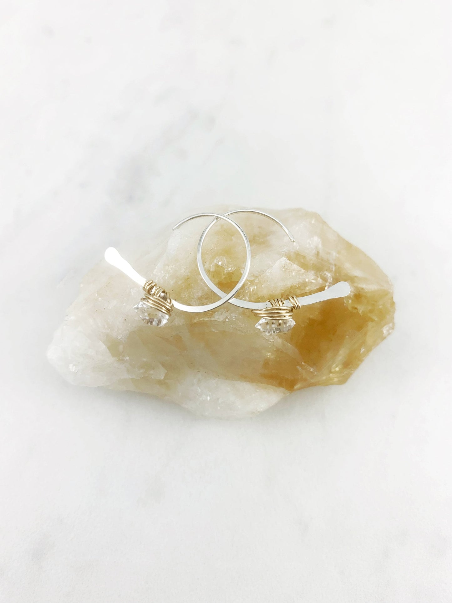 Silver Herkimer Diamond Open Hoops with Gold | Arch Earrings | Mixed Metal Threaders | Silver Boho Hoops | Delicate Earrings | Birthstone Earrings | April Birthstone