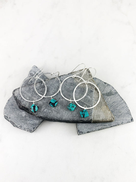 Sterling Silver Hoop and Turquoise Square Earrings, silver hammered earrings, circle jewelry, silver hoops, turquoise earrings