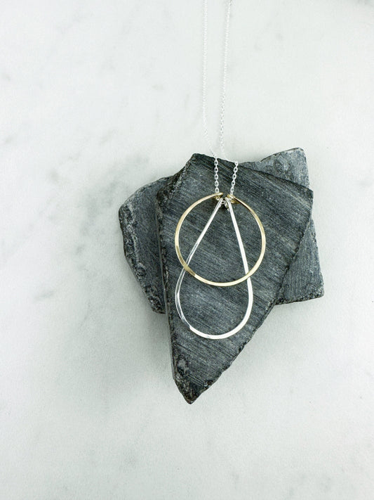 Mixed Metal Art Deco Necklace | Gold and Silver Necklace |Teardrop Necklace | Layering Necklace | Hammered Pendant | Boho Necklace