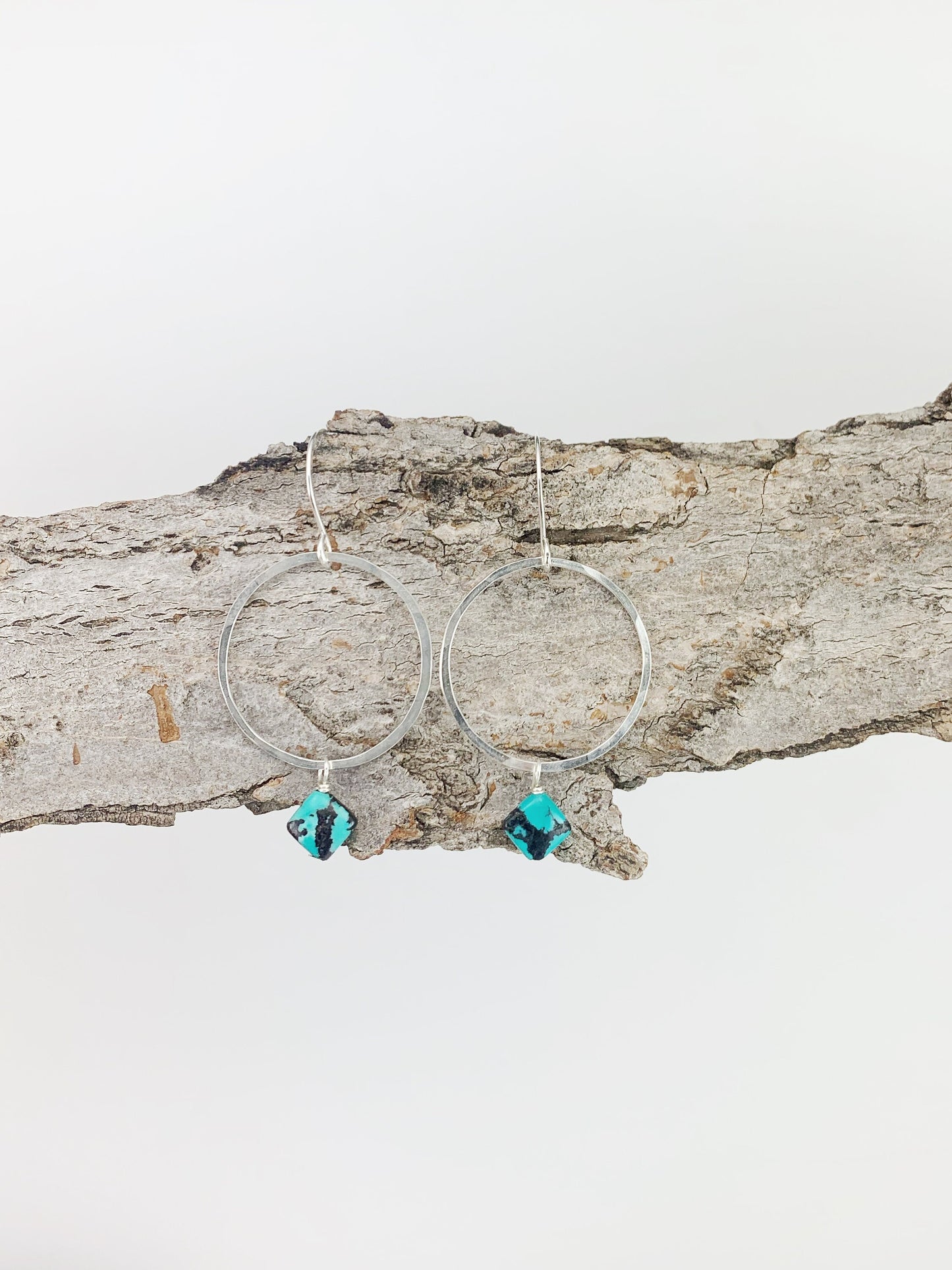 Sterling Silver Hoop and Turquoise Square Earrings, silver hammered earrings, circle jewelry, silver hoops, turquoise earrings