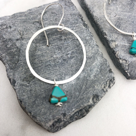 Sterling Silver Hoop and Turquoise Triangle Earrings, silver hammered earrings, circle jewelry, silver hoops, turquoise earrings