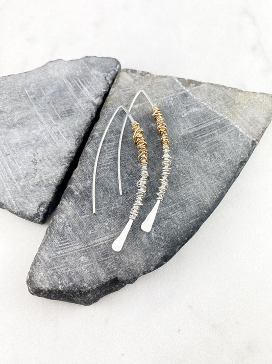 Silver Hammered Mixed Metal Boho Threader Earrings, wire wrapped, delicate earrings, mixed metal, open hoops, silver gold earrings
