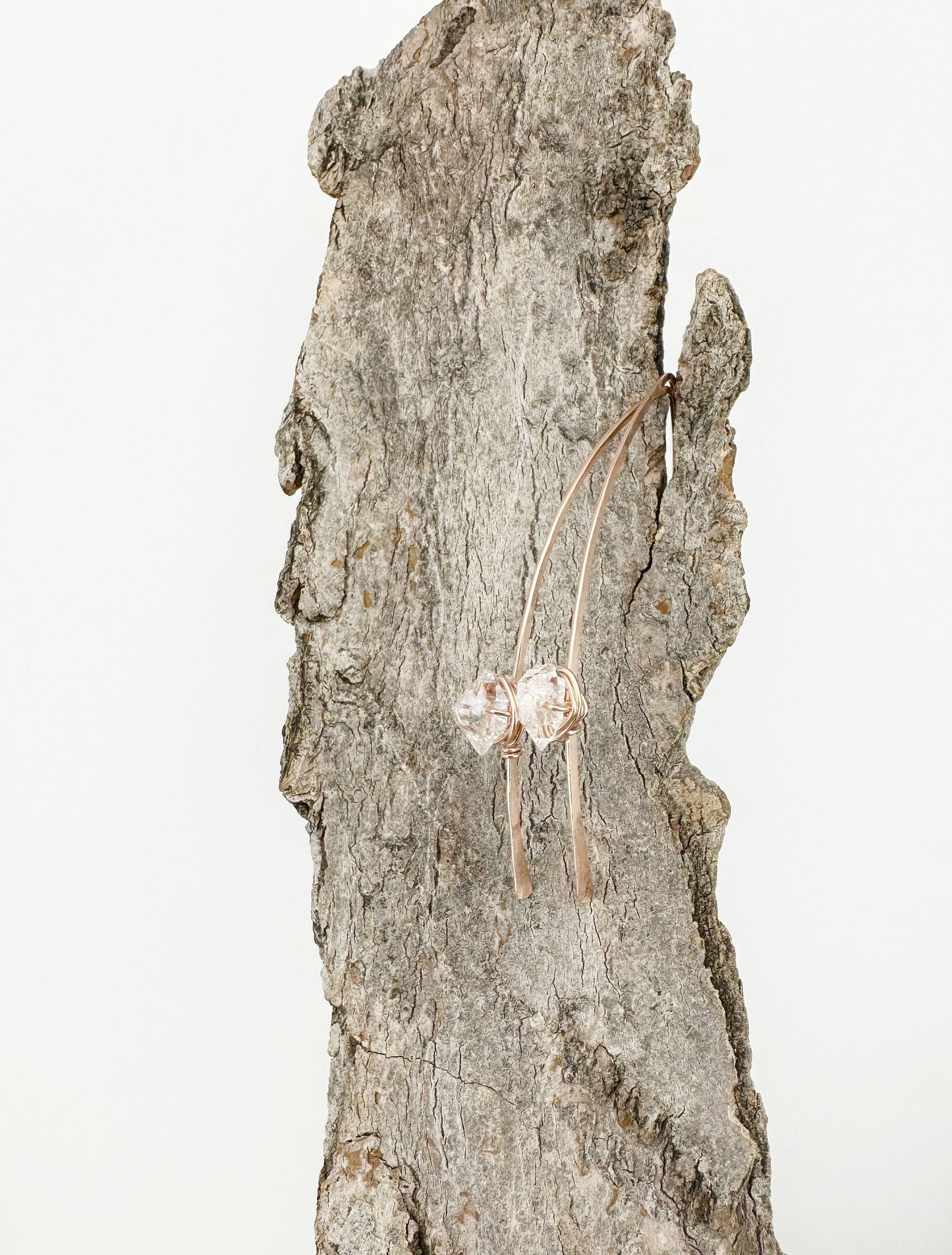 Hammered Rose Gold Threader Earrings with Herkimer Diamonds, minimalist earrings, delicate earrings, rose gold earrings, open hoops