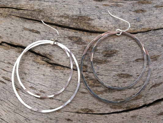 Large Silver Double Hoop Earrings | Silver Hoop Earrings | Boho Hoops | Hammered Hoops | Handmade Silver Earrings | Open Hoops | Lightweight Earrings